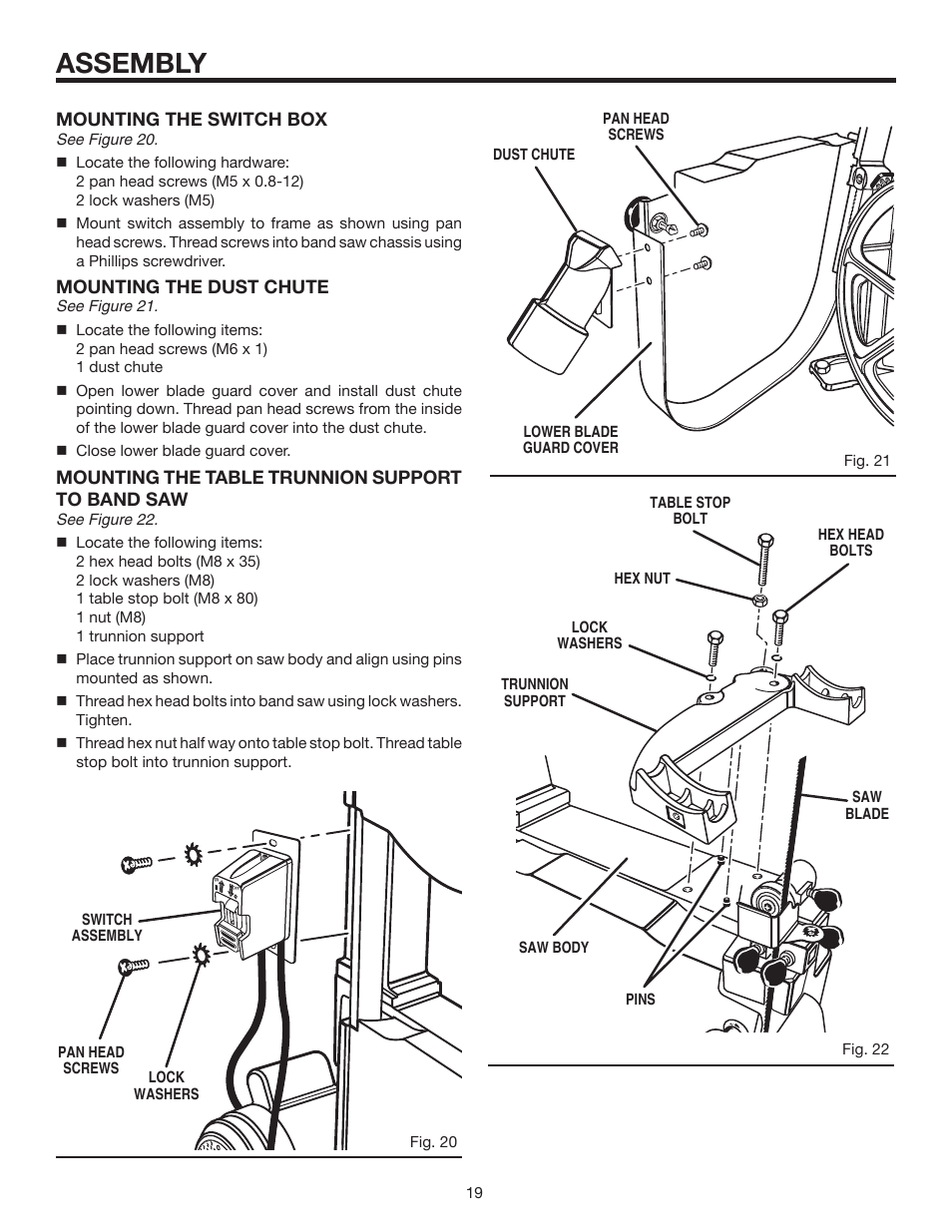 Assembly, Mounting the switch box, Mounting the dust chute | Mounting the table trunnion support to band saw | RIDGID BS14002 User Manual | Page 19 / 36