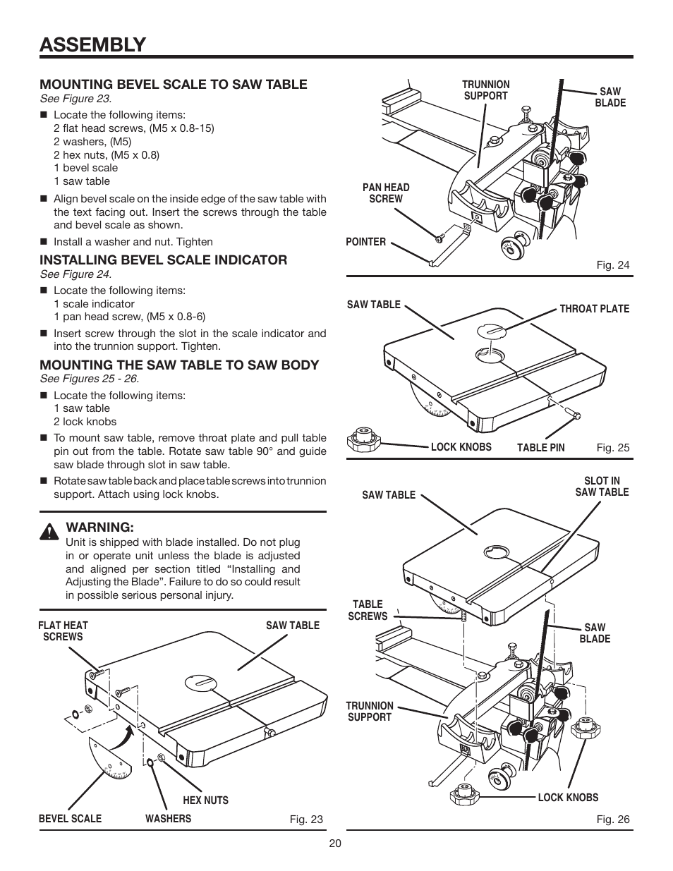 Assembly, Mounting bevel scale to saw table, Installing bevel scale indicator | Mounting the saw table to saw body, Warning | RIDGID BS14002 User Manual | Page 20 / 36