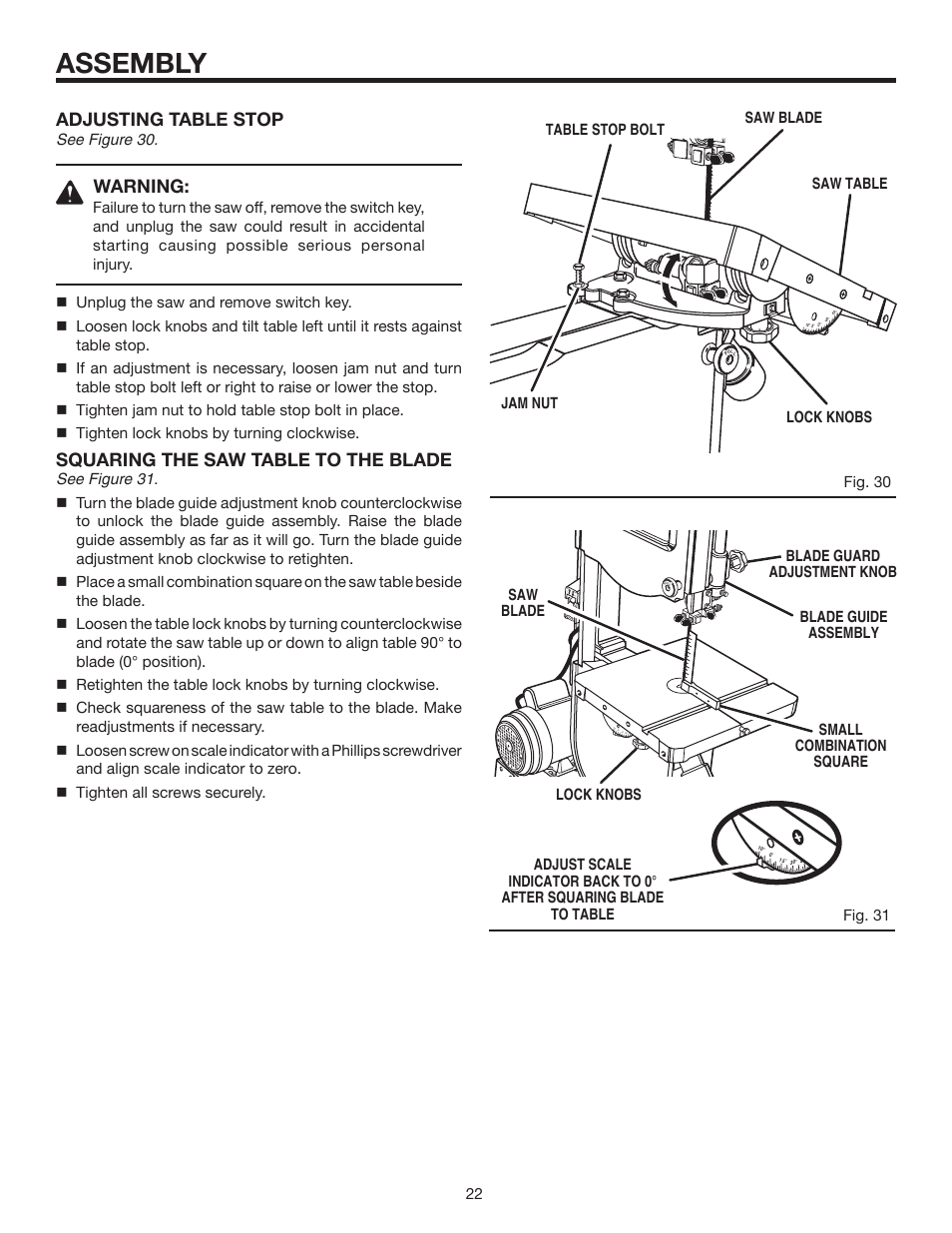 Assembly, Adjusting table stop, Warning | Squaring the saw table to the blade | RIDGID BS14002 User Manual | Page 22 / 36
