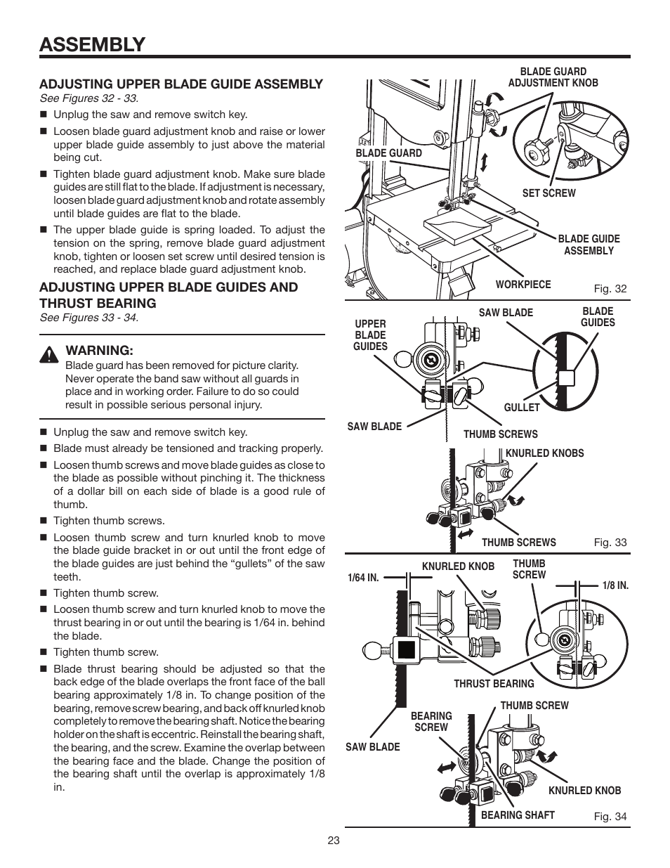 Assembly, Adjusting upper blade guide assembly, Adjusting upper blade guides and thrust bearing | Warning | RIDGID BS14002 User Manual | Page 23 / 36