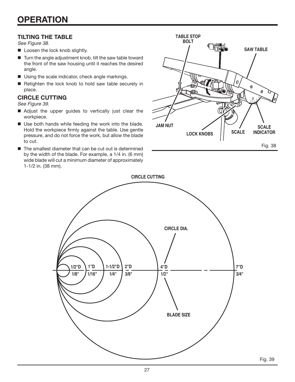 Operation, Tilting the table, Circle cutting | RIDGID BS14002 User Manual | Page 27 / 36