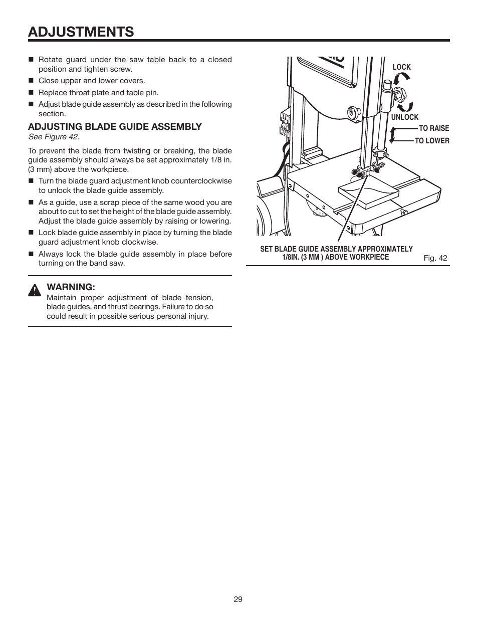 Adjustments, Adjusting blade guide assembly, Warning | RIDGID BS14002 User Manual | Page 29 / 36