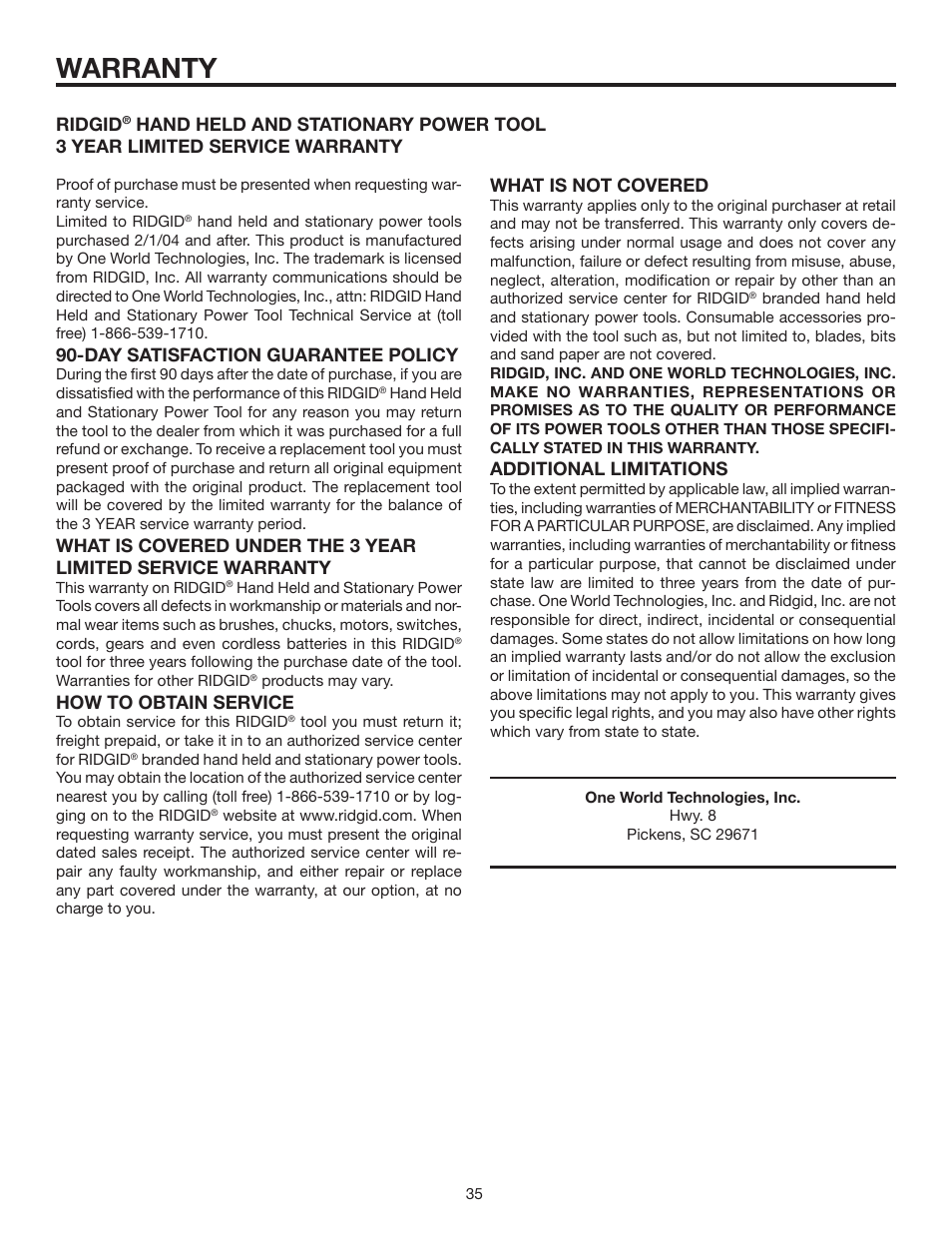 Warranty, Day satisfaction guarantee policy, How to obtain service | Ridgid, Additional limitations | RIDGID BS14002 User Manual | Page 35 / 36