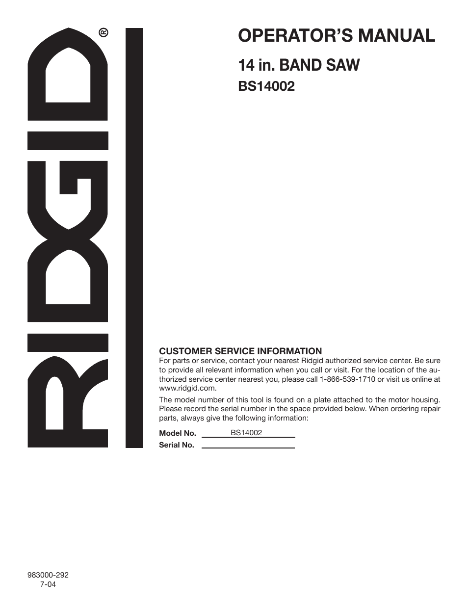 Operator’s manual, 14 in. band saw | RIDGID BS14002 User Manual | Page 36 / 36