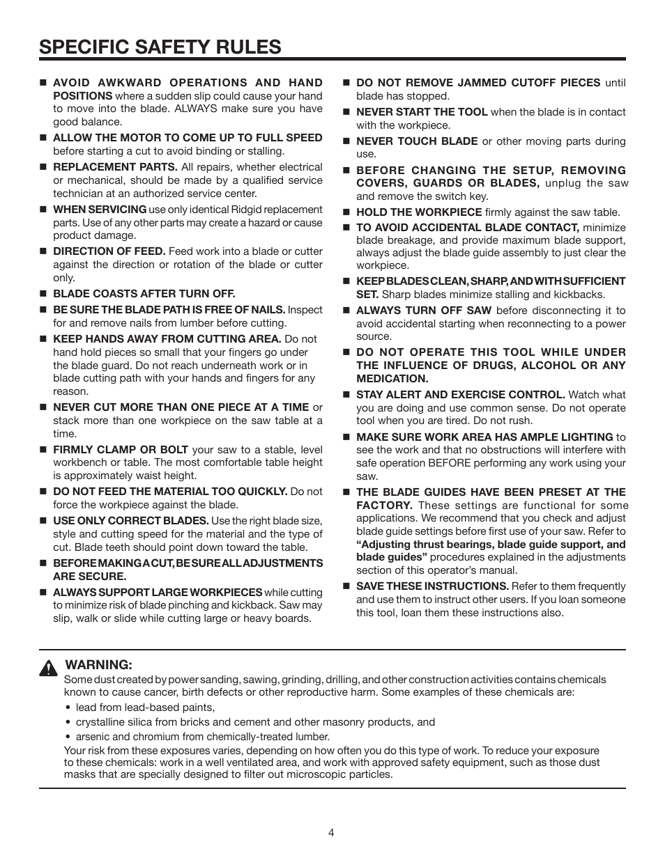 Specific safety rules | RIDGID BS14002 User Manual | Page 4 / 36