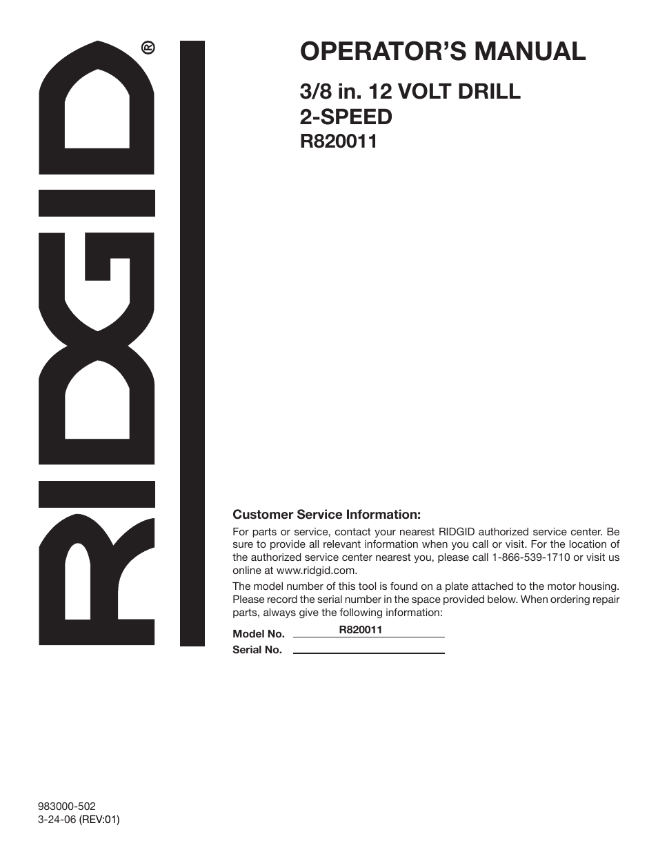 Operator’s manual | RIDGID R820011 User Manual | Page 20 / 20
