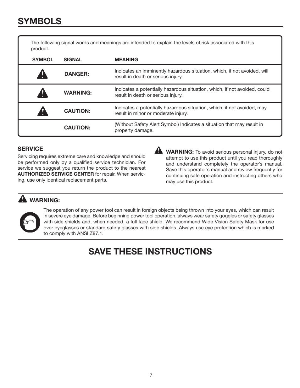 Symbols, Save these instructions | RIDGID R820011 User Manual | Page 7 / 20