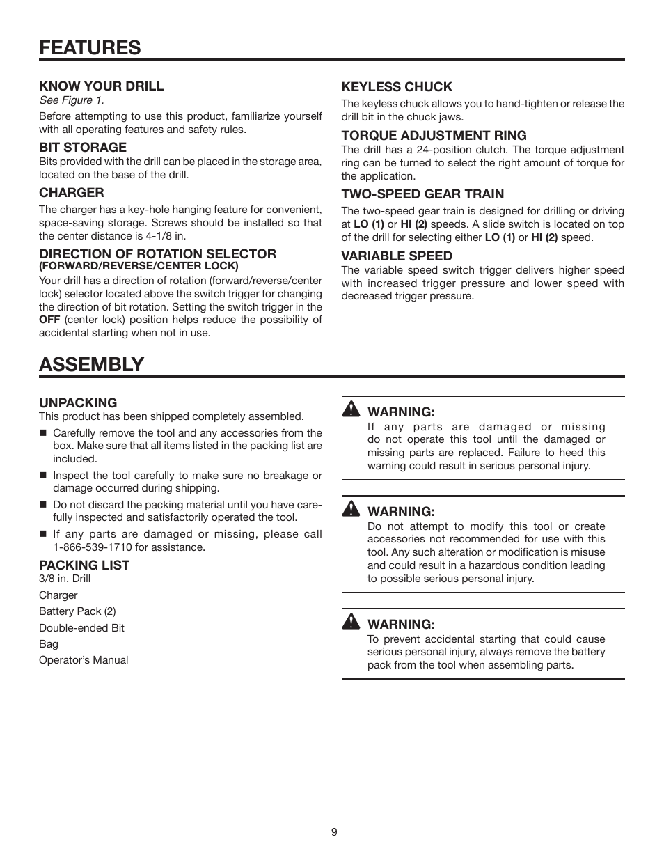 Features, Assembly | RIDGID R820011 User Manual | Page 9 / 20