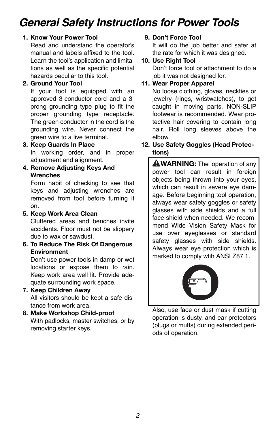 General safety instructions for power tools | RIDGID AC1030 User Manual | Page 2 / 6