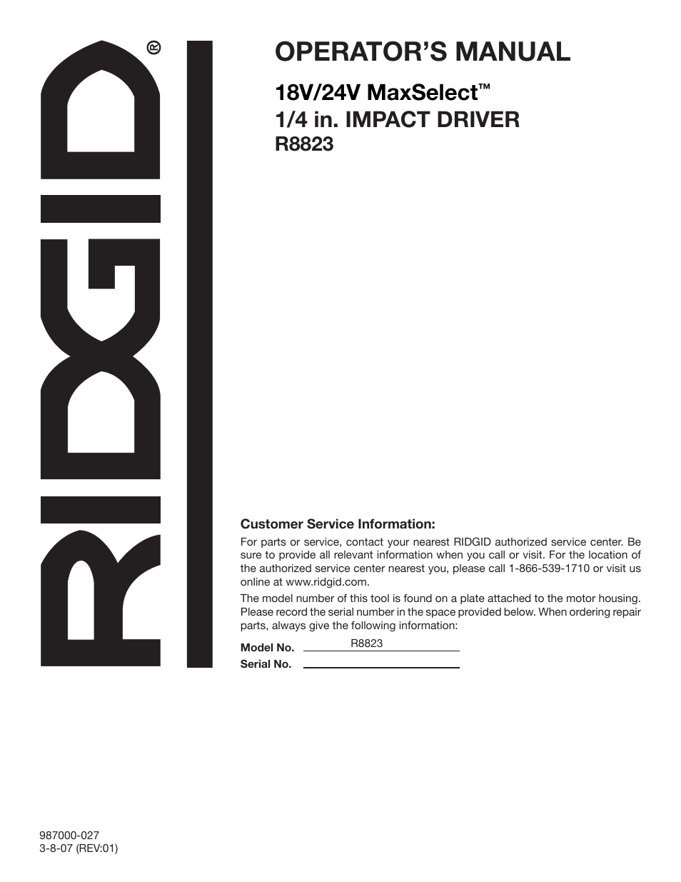 Operator’s manual, 18v/24v maxselect, 1/4 in. impact driver | R8823 | RIDGID R8823 User Manual | Page 20 / 20