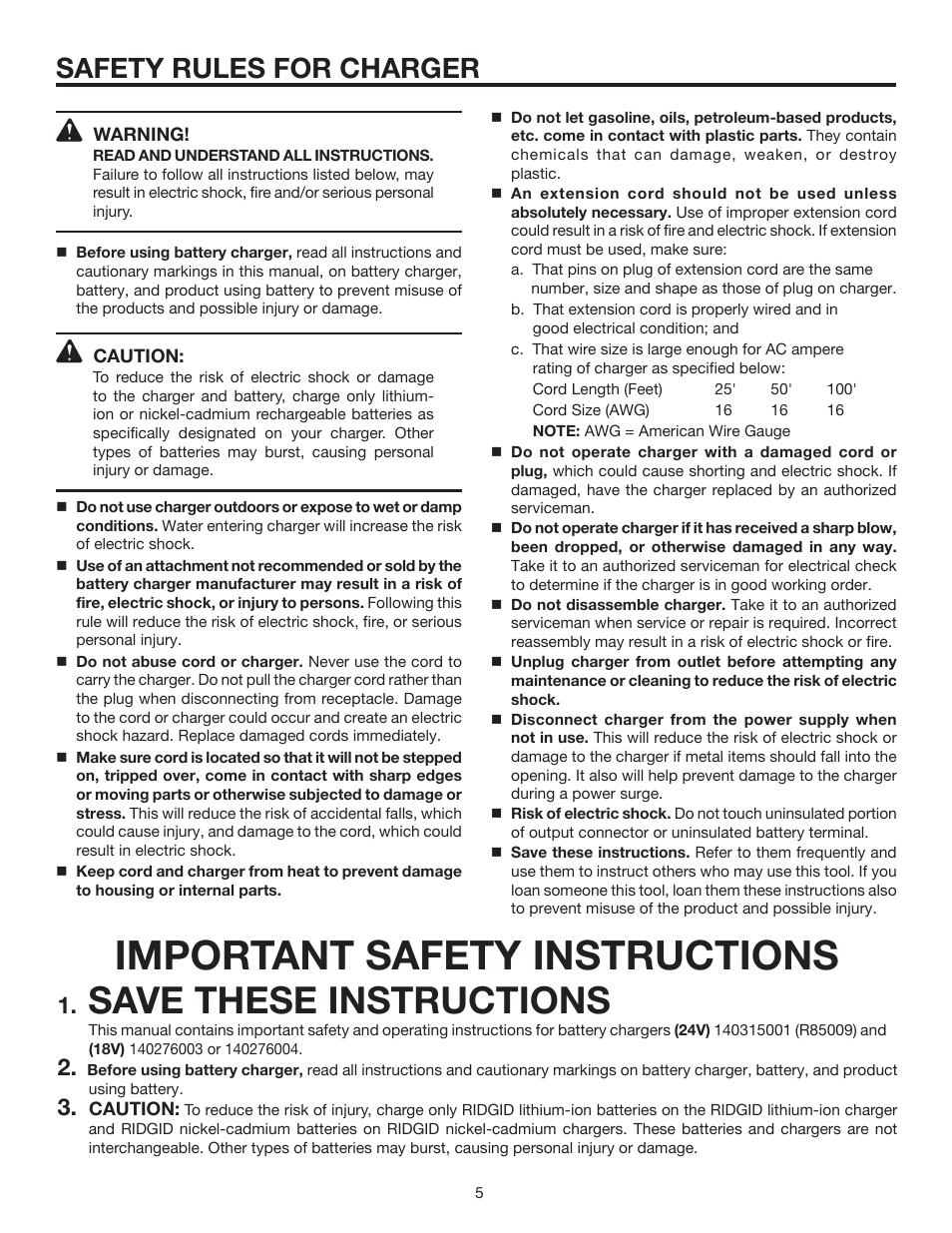 Important safety instructions, Save these instructions, Safety rules for charger | RIDGID R8823 User Manual | Page 5 / 20