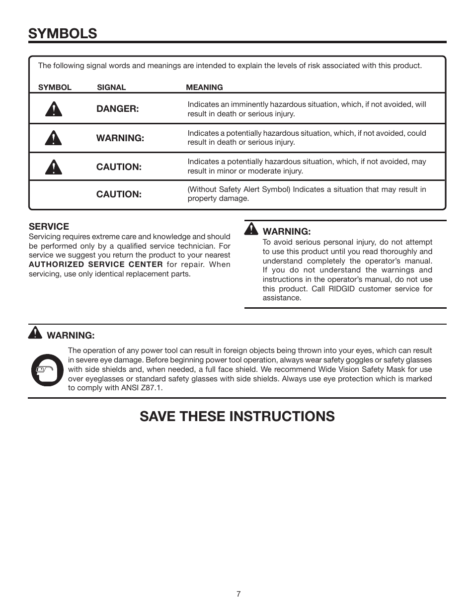 Symbols, Save these instructions | RIDGID R8823 User Manual | Page 7 / 20
