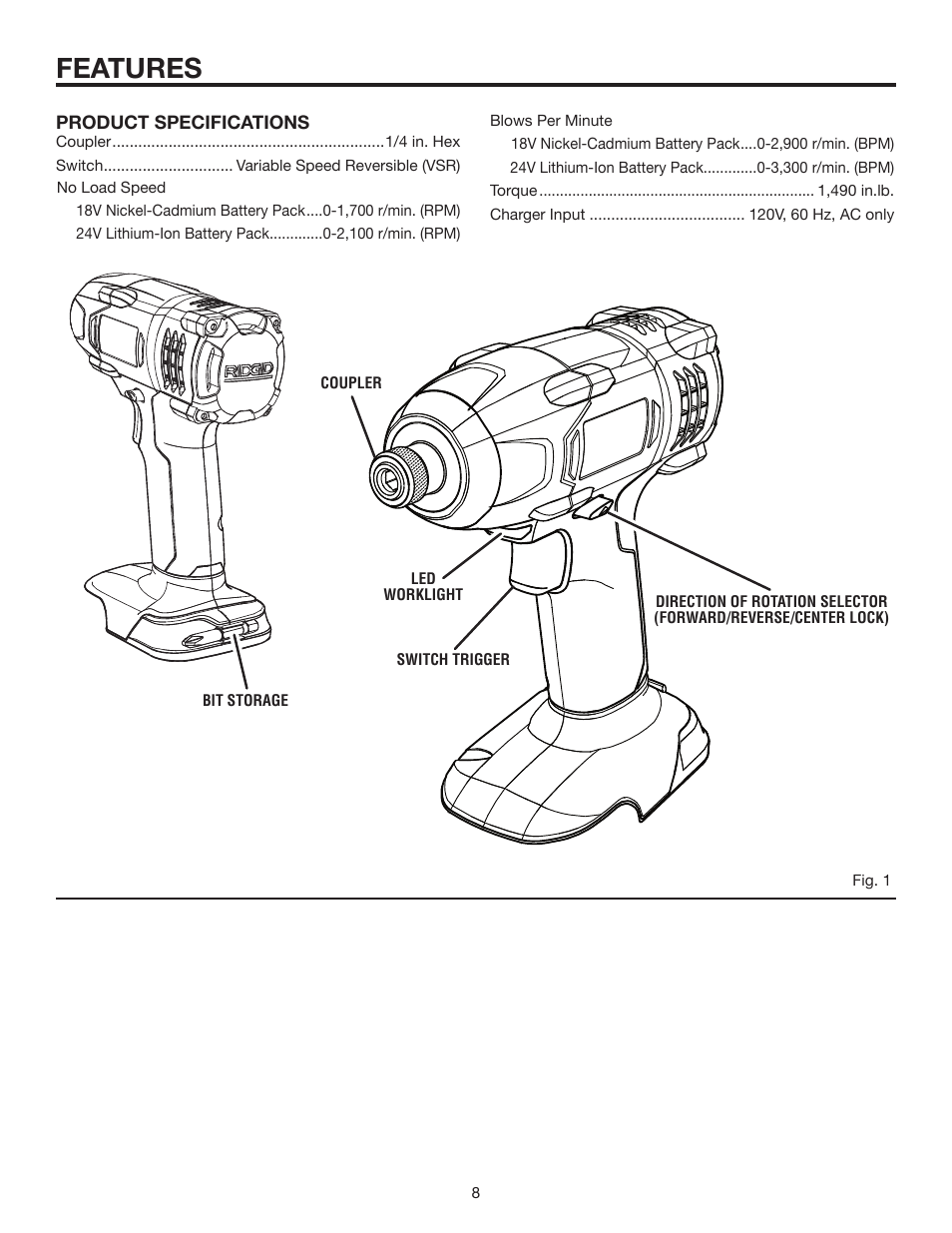 Features | RIDGID R8823 User Manual | Page 8 / 20