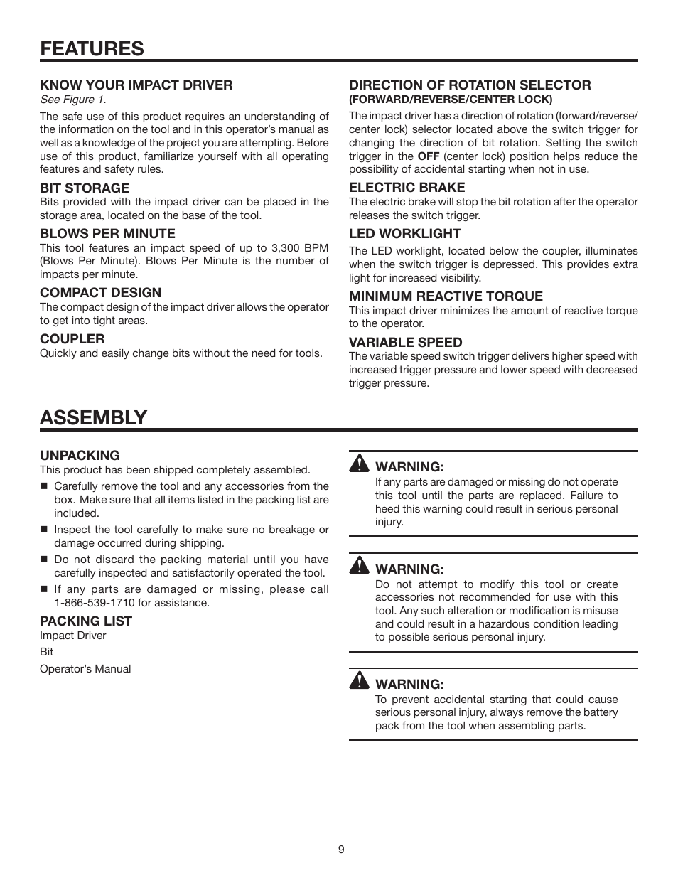 Features, Assembly | RIDGID R8823 User Manual | Page 9 / 20
