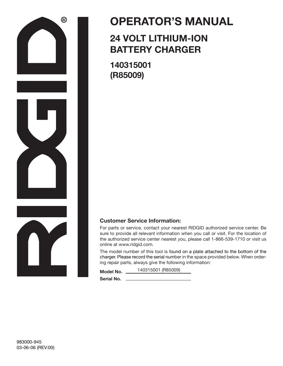 Operator’s manual, 24 volt lithium-ion battery charger | RIDGID R85009 User Manual | Page 8 / 8