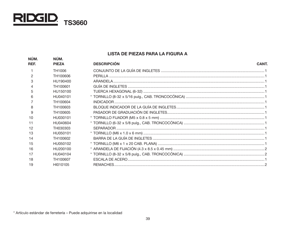 Ts3660 | RIDGID TS3660 User Manual | Page 39 / 56