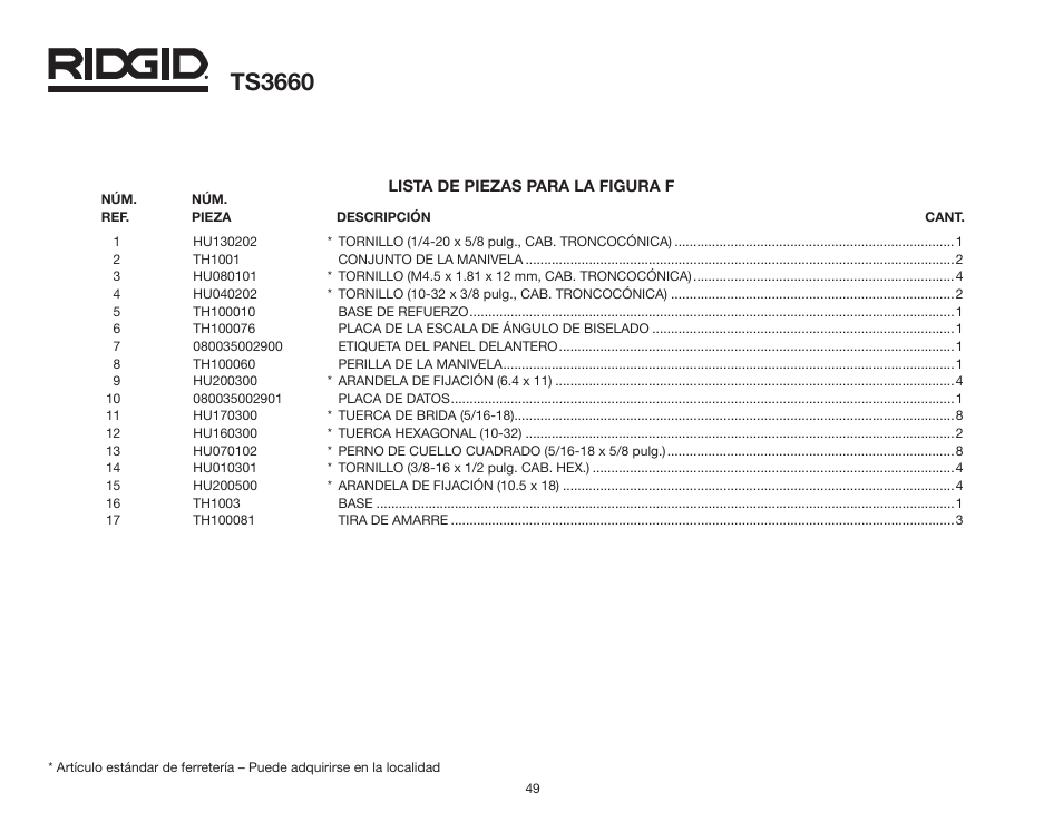 Ts3660 | RIDGID TS3660 User Manual | Page 49 / 56
