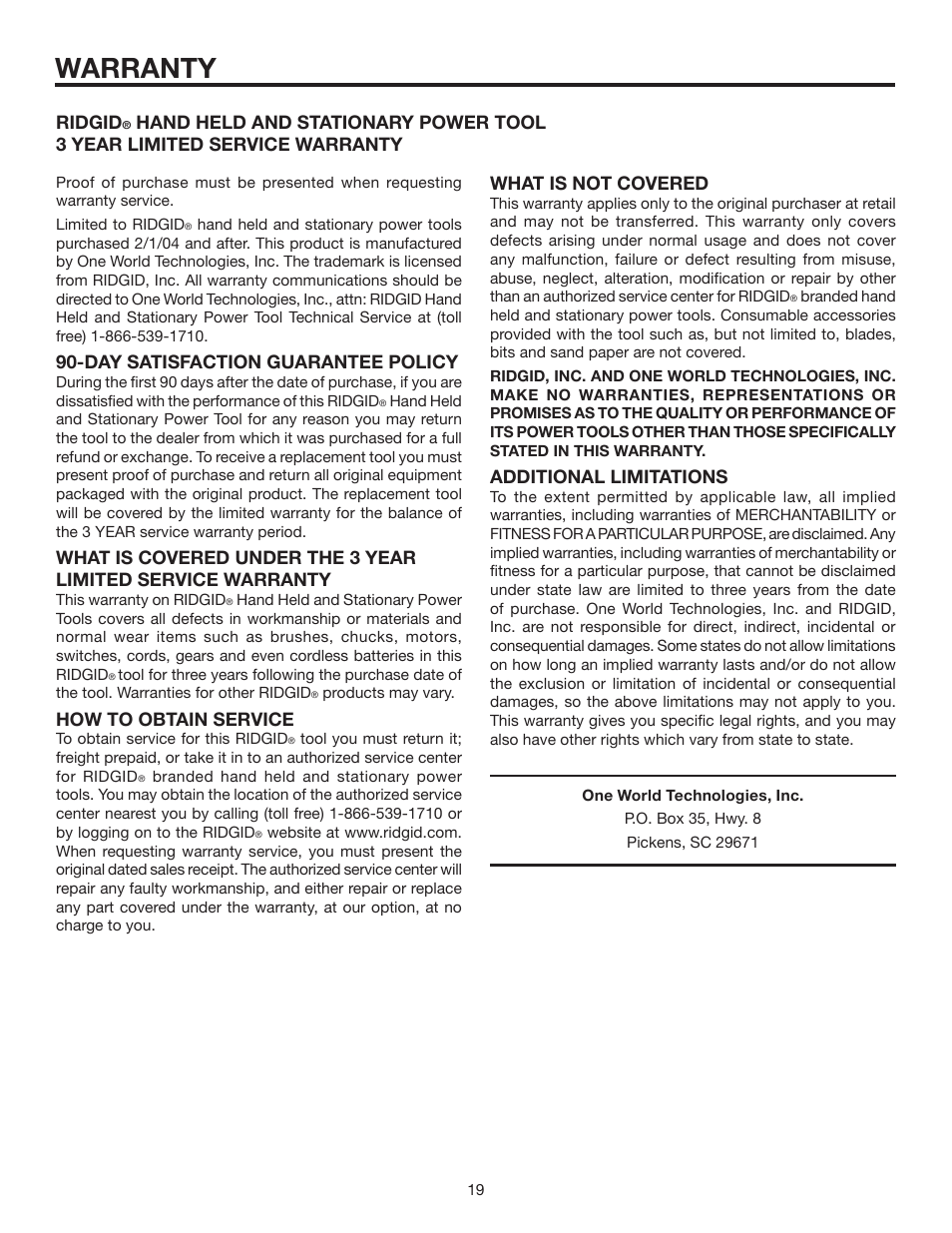 Warranty, Day satisfaction guarantee policy, How to obtain service | Ridgid, Additional limitations | RIDGID R2740 User Manual | Page 19 / 20