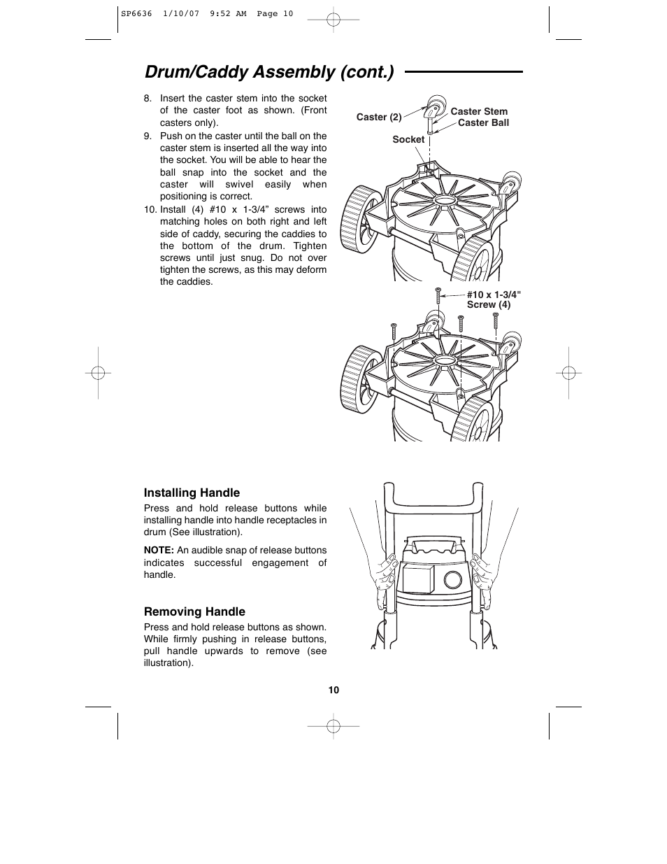 Drum/caddy assembly (cont.) | RIDGID RV2400A User Manual | Page 10 / 68