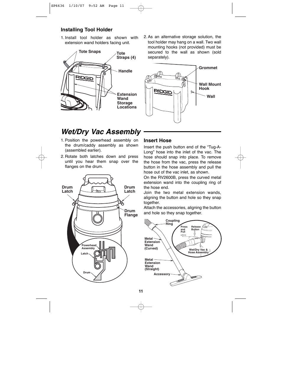 Wet/dry vac assembly, Installing tool holder, Insert hose | RIDGID RV2400A User Manual | Page 11 / 68