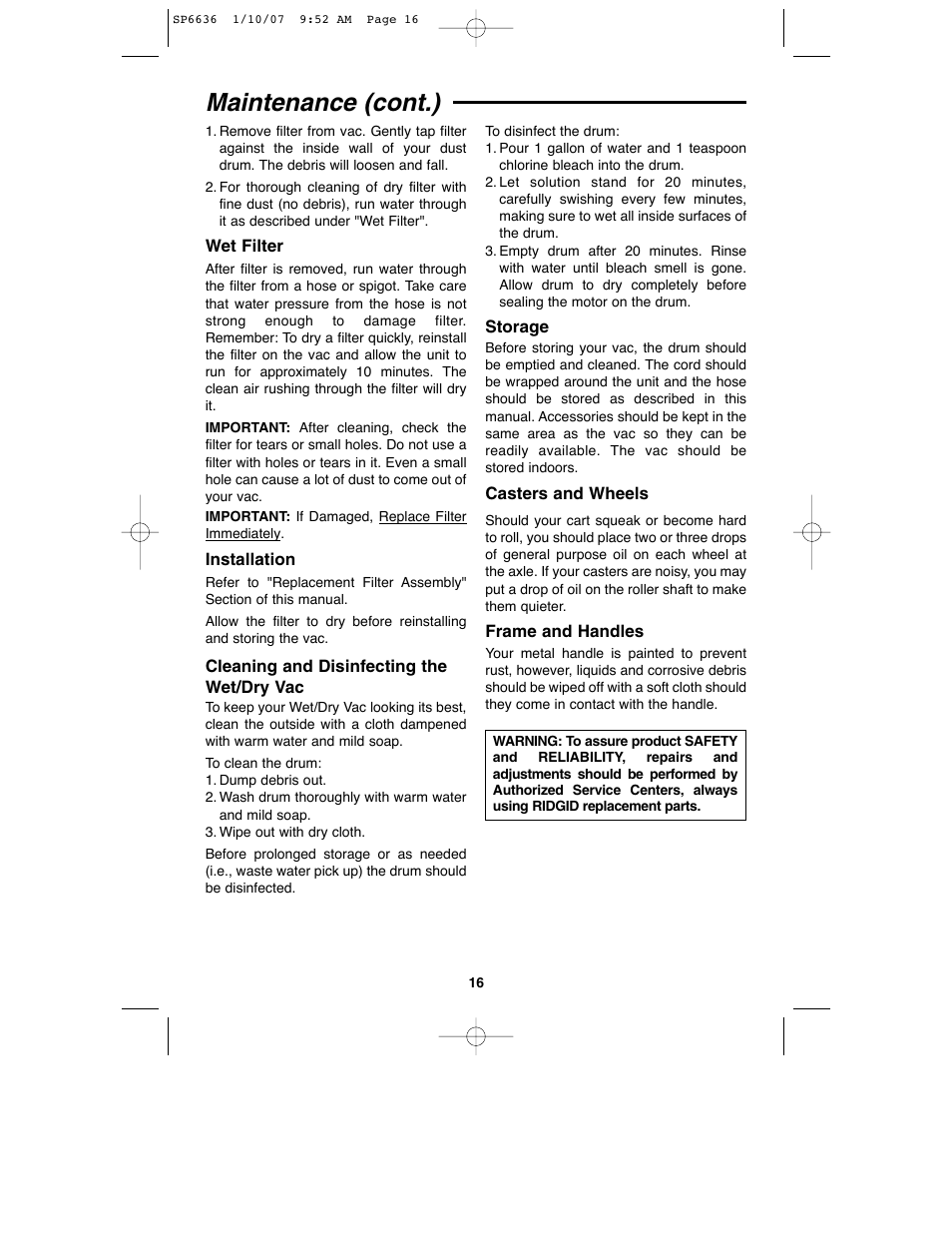 Maintenance (cont.) | RIDGID RV2400A User Manual | Page 16 / 68