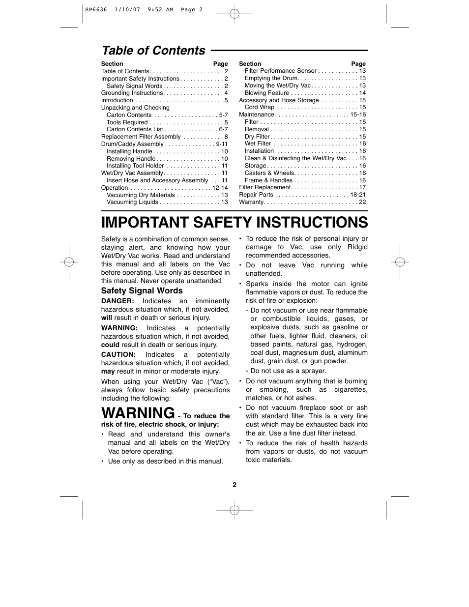 RIDGID RV2400A User Manual | Page 2 / 68