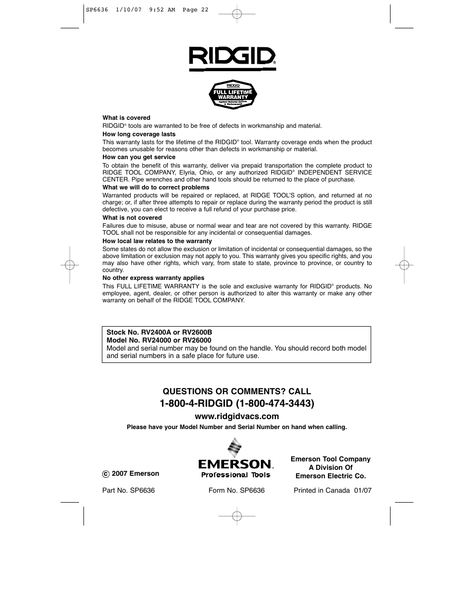 Questions or comments? call | RIDGID RV2400A User Manual | Page 22 / 68