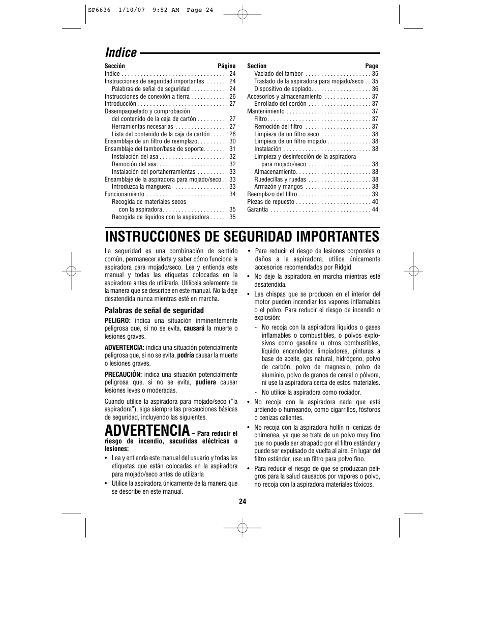 Advertencia, Instrucciones de seguridad importantes, Indice | RIDGID RV2400A User Manual | Page 24 / 68