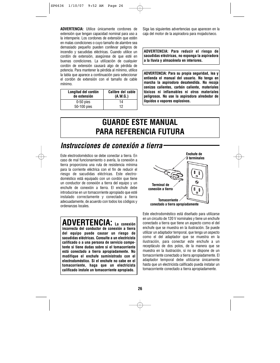 Advertencia, Guarde este manual para referencia futura, Instrucciones de conexión a tierra | RIDGID RV2400A User Manual | Page 26 / 68