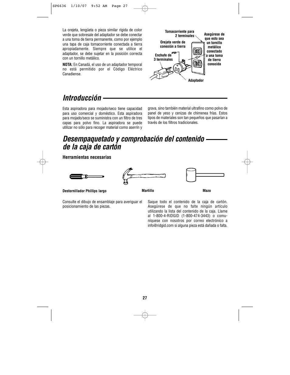 Introducción | RIDGID RV2400A User Manual | Page 27 / 68