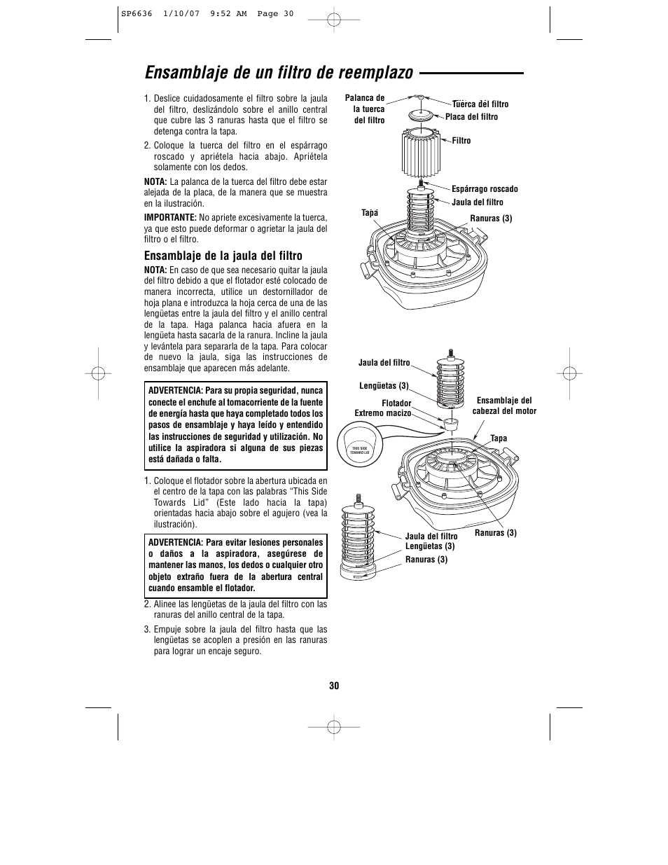 Ensamblaje de un filtro de reemplazo, Ensamblaje de la jaula del filtro | RIDGID RV2400A User Manual | Page 30 / 68