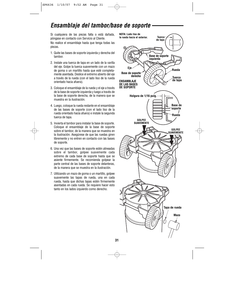 Ensamblaje del tambor/base de soporte | RIDGID RV2400A User Manual | Page 31 / 68