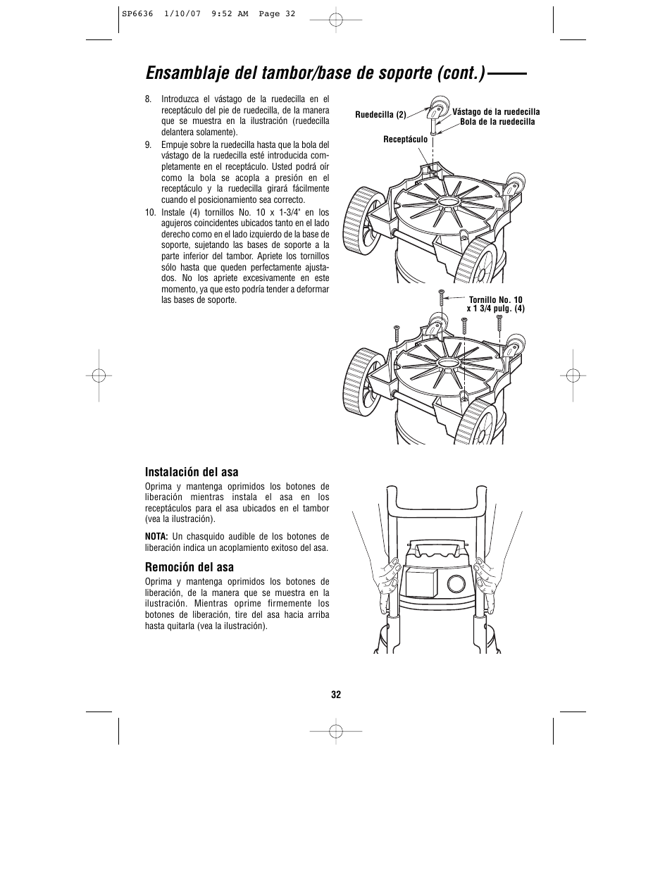 Ensamblaje del tambor/base de soporte (cont.) | RIDGID RV2400A User Manual | Page 32 / 68