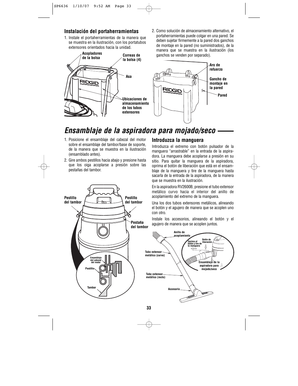 Ensamblaje de la aspiradora para mojado/seco, Instalación del portaherramientas, Introduzca la manguera | RIDGID RV2400A User Manual | Page 33 / 68