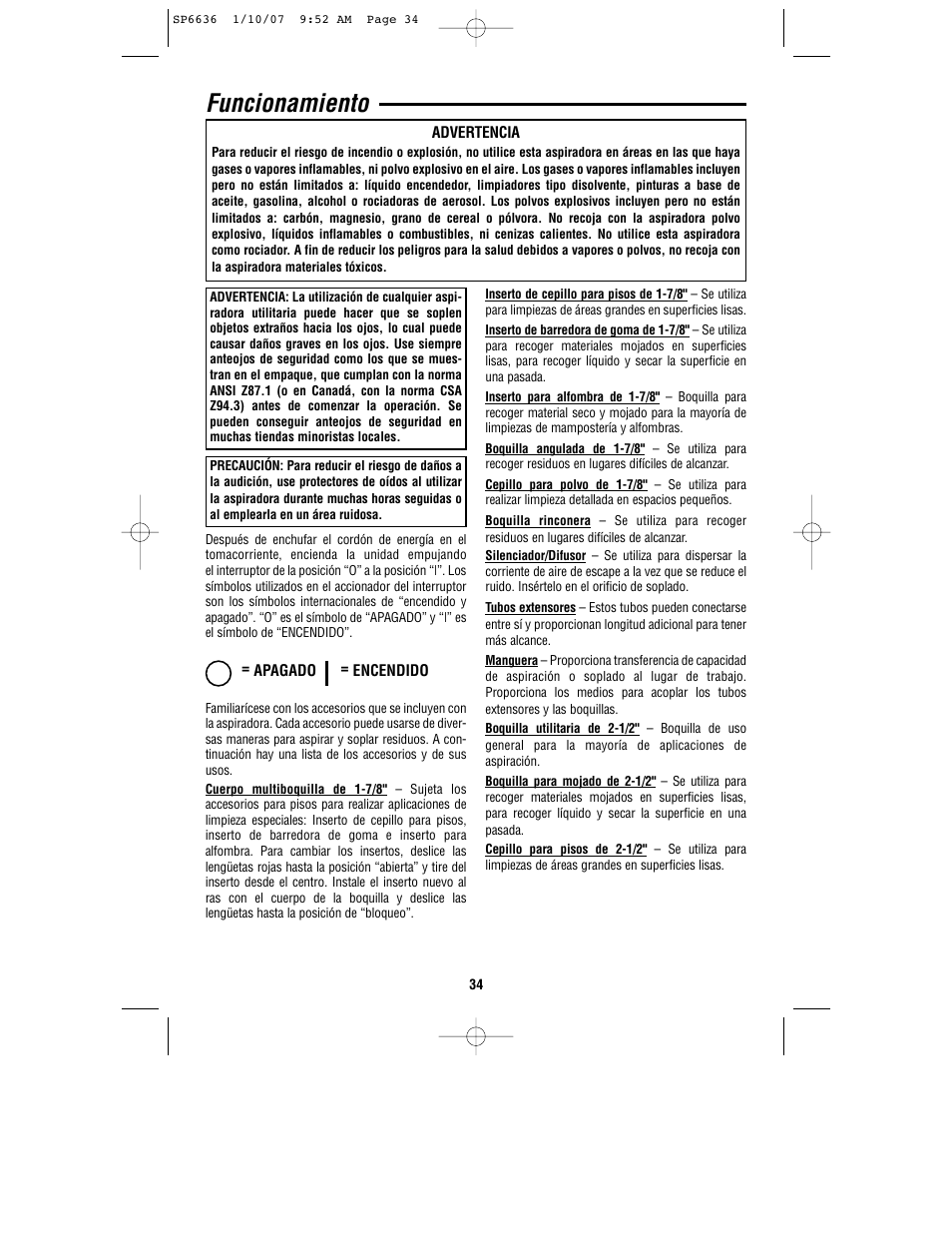 Funcionamiento | RIDGID RV2400A User Manual | Page 34 / 68