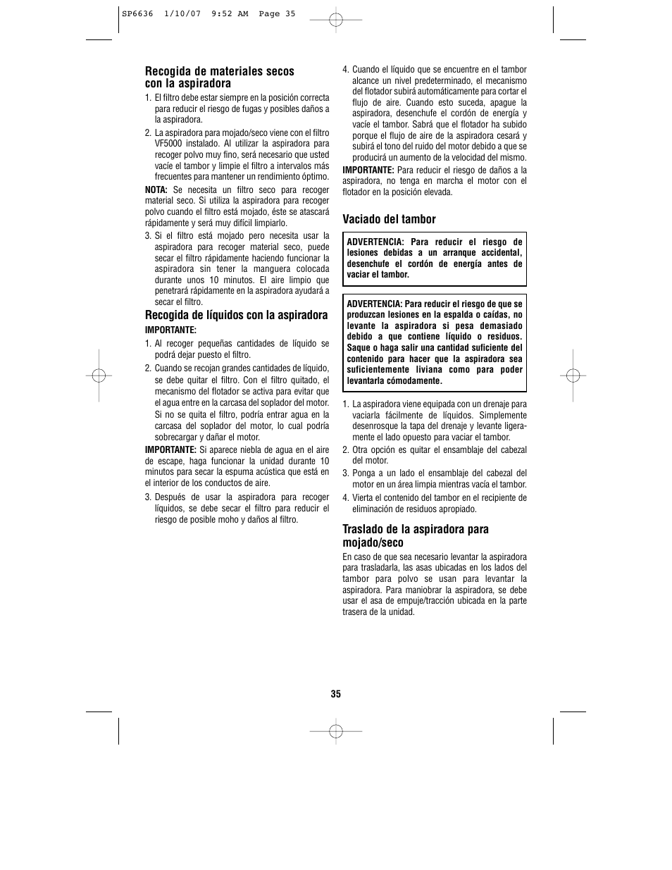 Recogida de materiales secos con la aspiradora, Recogida de líquidos con la aspiradora, Traslado de la aspiradora para mojado/seco | Vaciado del tambor | RIDGID RV2400A User Manual | Page 35 / 68