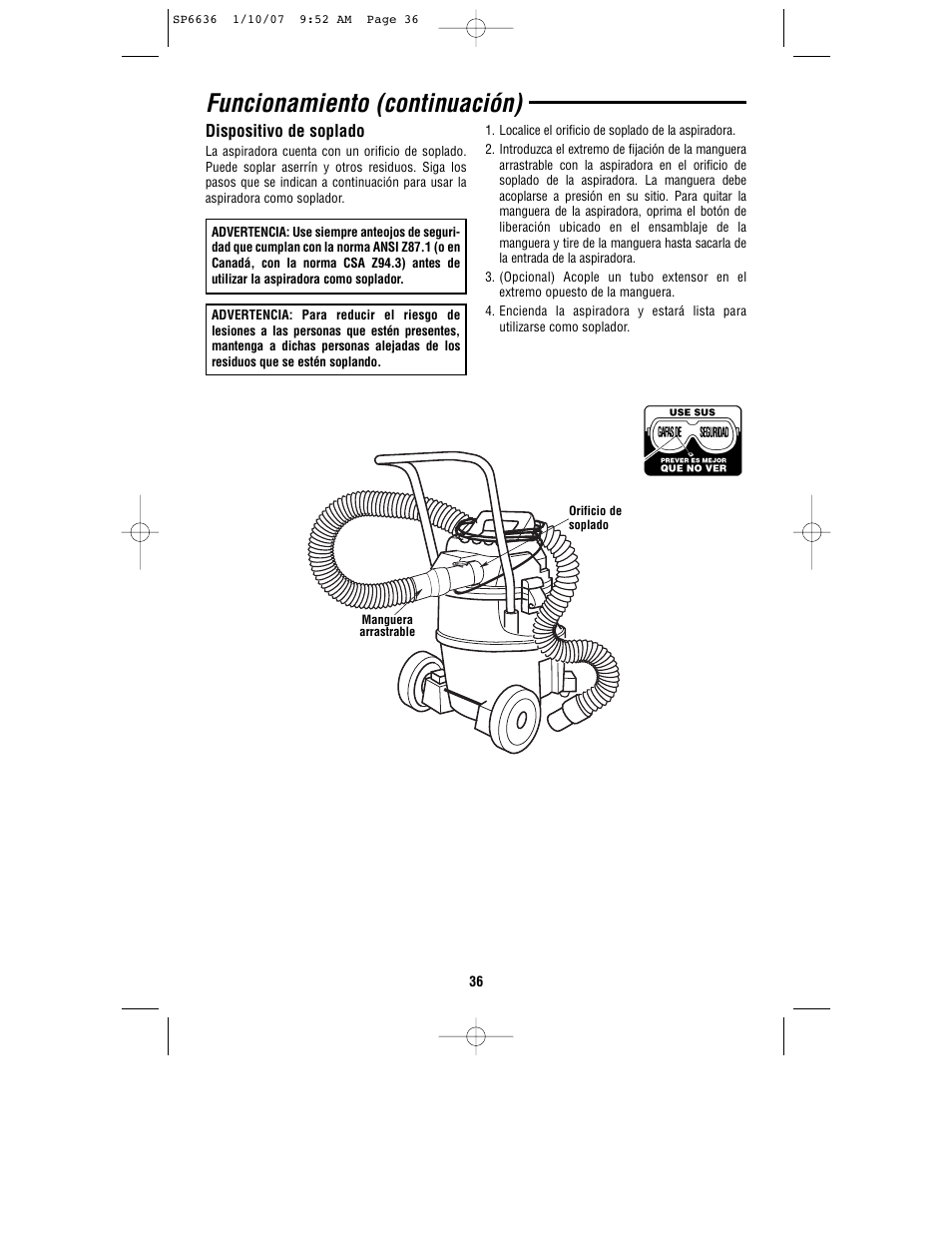 Funcionamiento (continuación) | RIDGID RV2400A User Manual | Page 36 / 68