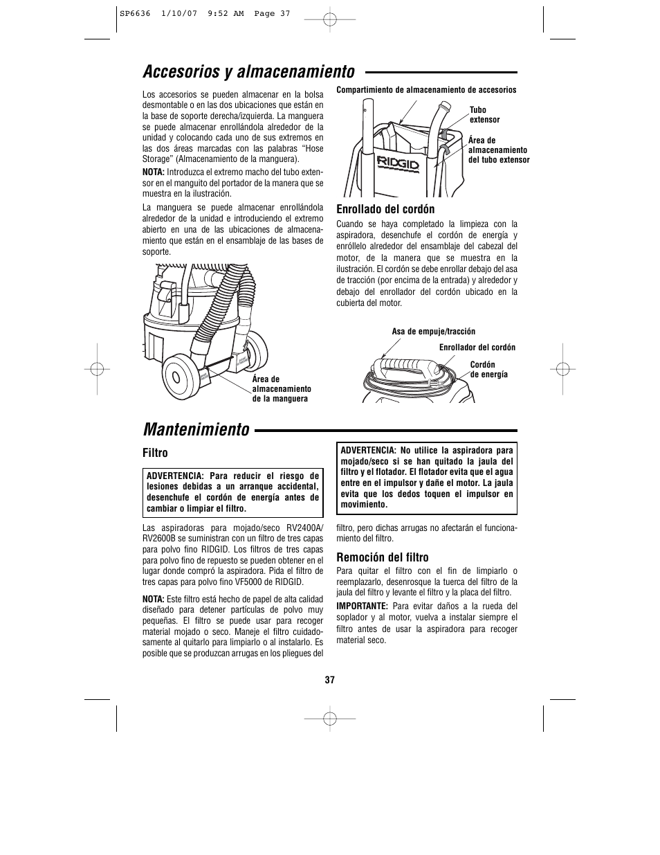 Accesorios y almacenamiento, Mantenimiento, Enrollado del cordón | Remoción del filtro, Filtro | RIDGID RV2400A User Manual | Page 37 / 68