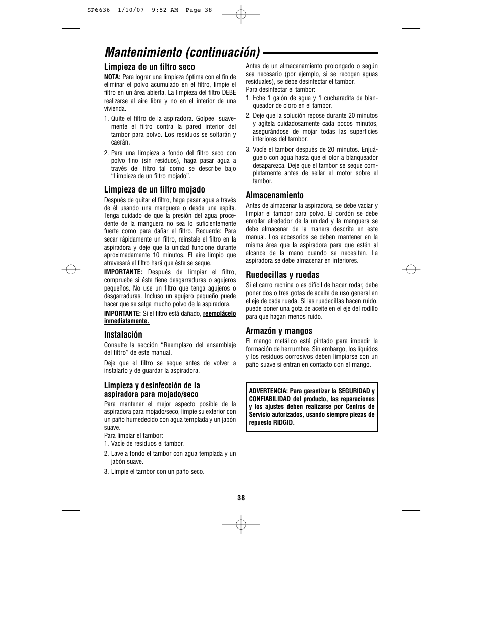 Mantenimiento (continuación) | RIDGID RV2400A User Manual | Page 38 / 68