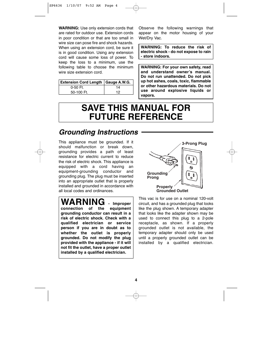 Warning, Save this manual for future reference, Grounding instructions | RIDGID RV2400A User Manual | Page 4 / 68