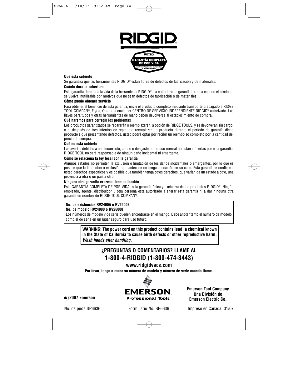 Preguntas o comentarios? llame al | RIDGID RV2400A User Manual | Page 44 / 68