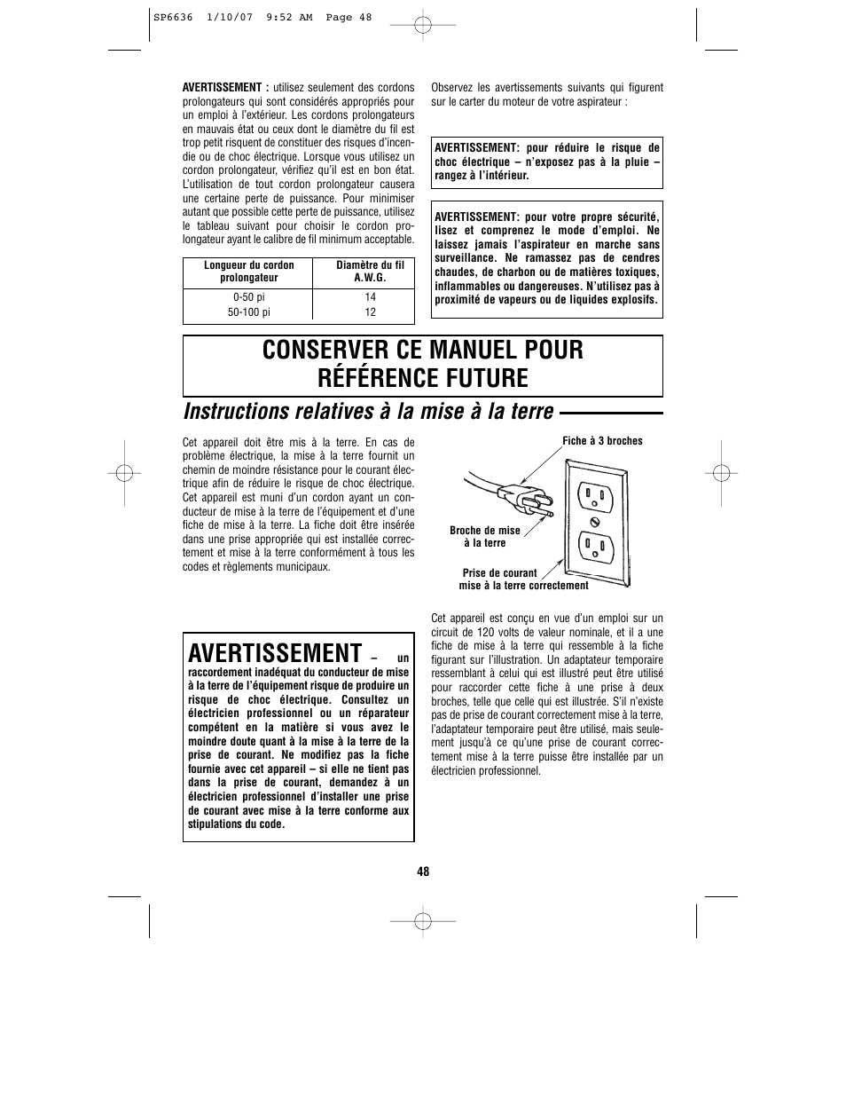 Avertissement, Conserver ce manuel pour référence future, Instructions relatives à la mise à la terre | RIDGID RV2400A User Manual | Page 48 / 68