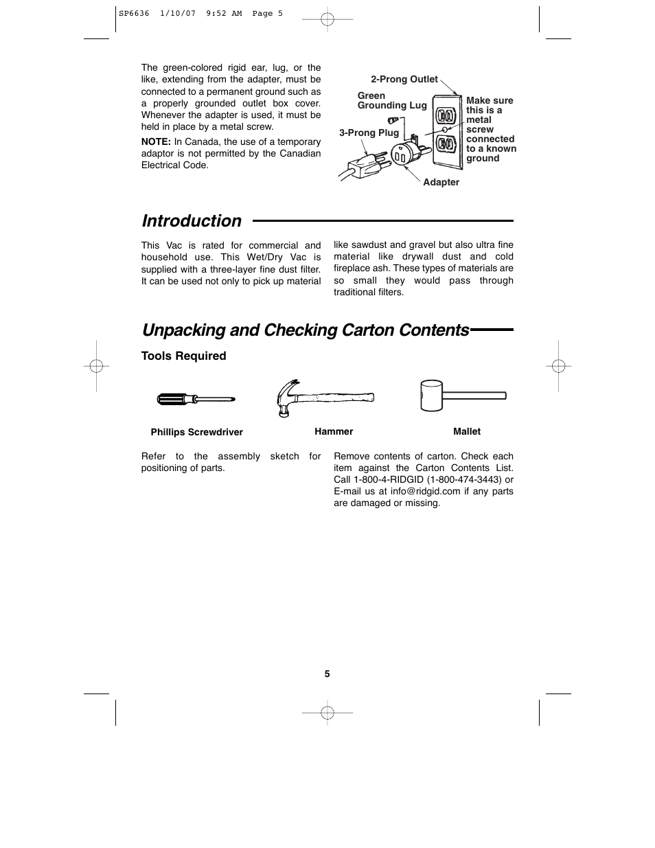 Introduction, Unpacking and checking carton contents | RIDGID RV2400A User Manual | Page 5 / 68