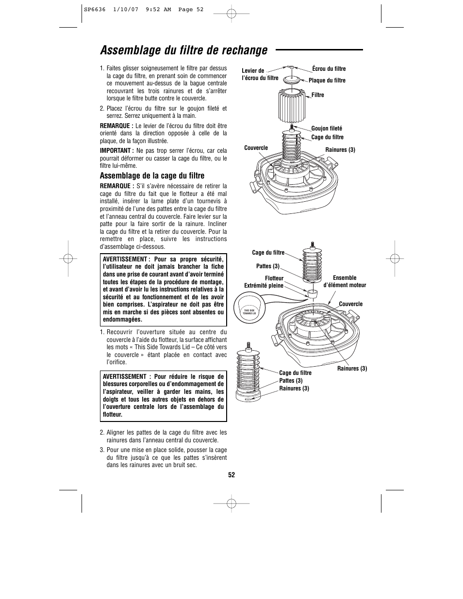 Assemblage du filtre de rechange, Assemblage de la cage du filtre | RIDGID RV2400A User Manual | Page 52 / 68