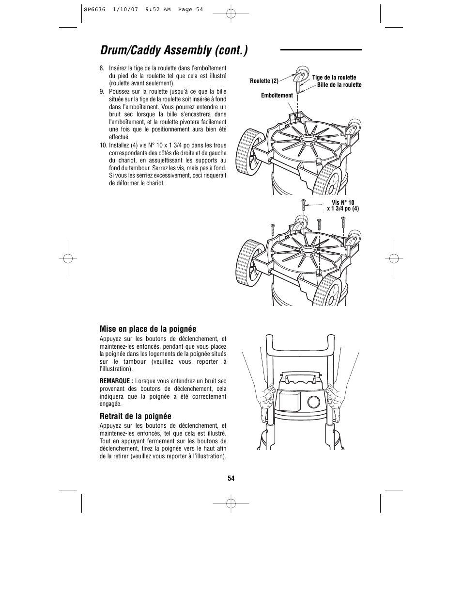 Drum/caddy assembly (cont.) | RIDGID RV2400A User Manual | Page 54 / 68