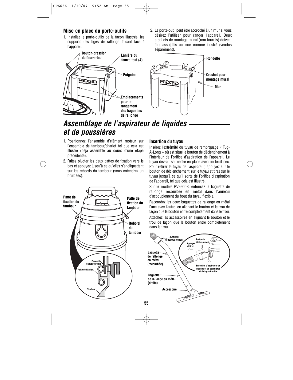 Mise en place du porte-outils, Insertion du tuyau | RIDGID RV2400A User Manual | Page 55 / 68