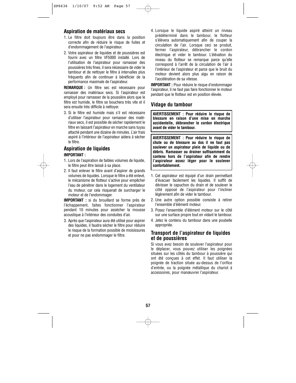 Vidage du tambour, Aspiration de matériaux secs, Aspiration de liquides | RIDGID RV2400A User Manual | Page 57 / 68
