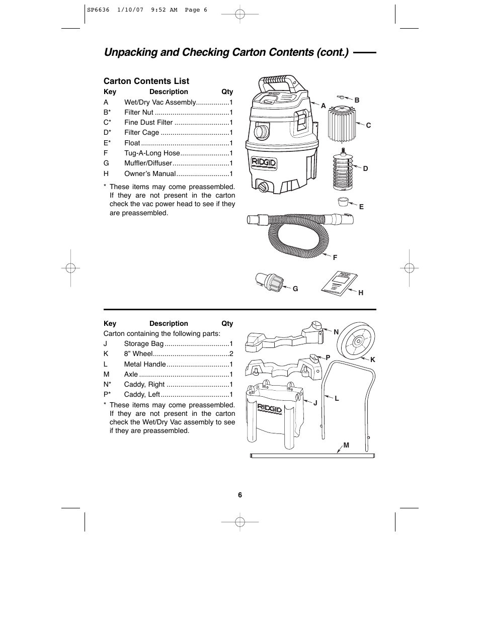 Unpacking and checking carton contents (cont.) | RIDGID RV2400A User Manual | Page 6 / 68