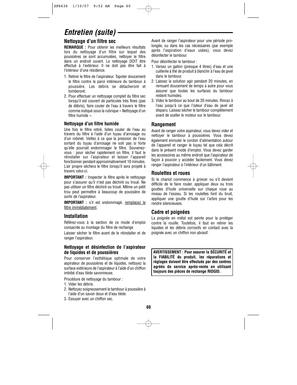 Entretien (suite) | RIDGID RV2400A User Manual | Page 60 / 68