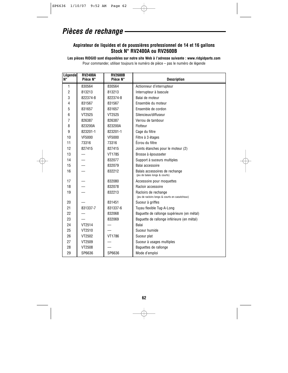 Pièces de rechange | RIDGID RV2400A User Manual | Page 62 / 68